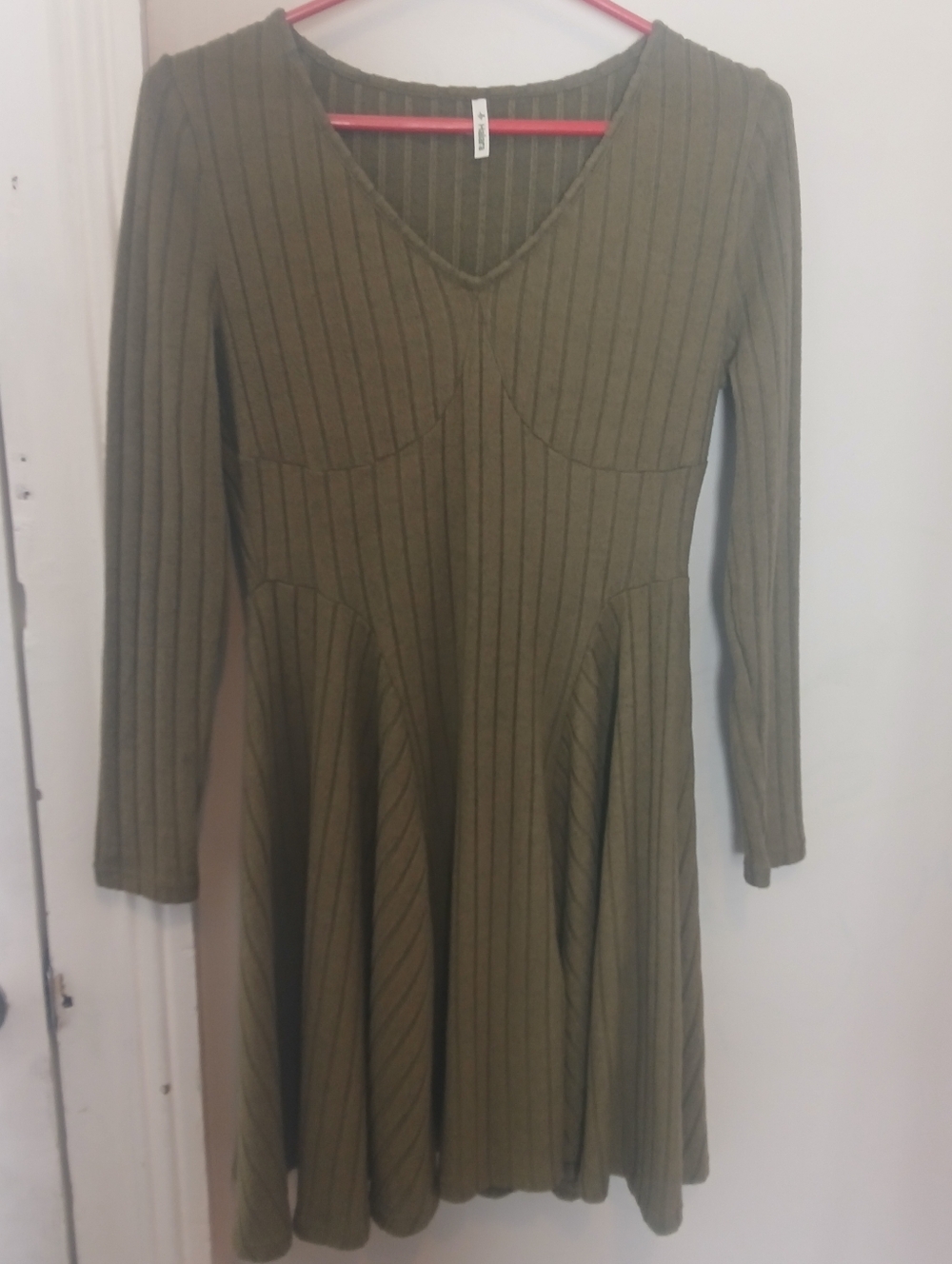 Halara Olive Ribbed Long-Sleeve Flare Mini Dress With Pockets